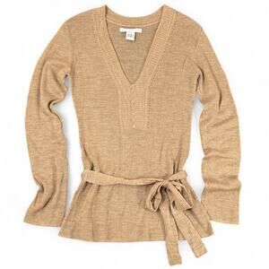 Susana Monaco Belted V-Neck Wool Sweater QuietLuxury L Camel Buttons Pointelle